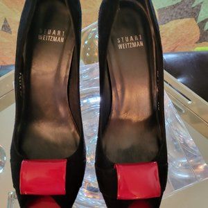 Stuart Weitzman patent and suede peep toe platform High heels 7.5
